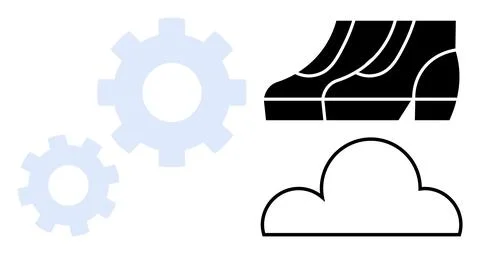 Gears in gradient colors, a black and white rocket launch silhouette, and a c 스톡 일러스트
