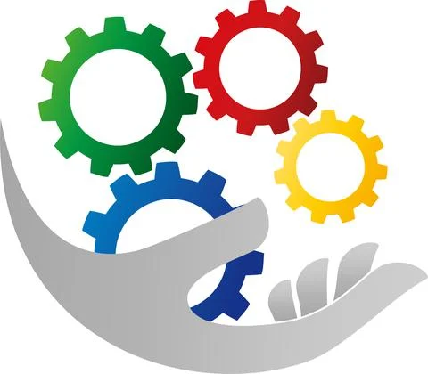 Gears, hand, tools, locksmith, mechanic, logo, icon Stock Illustration