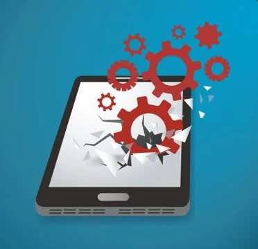 Gears icon Breaking through screen smartphone vector Stock Illustration