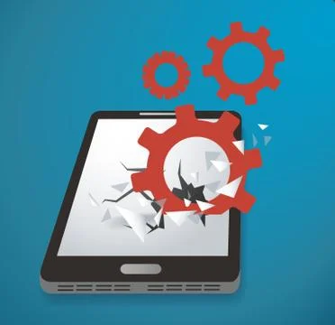 Gears icon Breaking through screen smartphone vector Stock Illustration