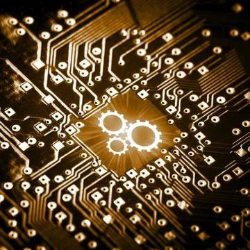 Gears icon on computer chip Stock-Fotos