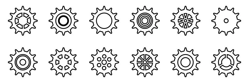 Gears icon set. Setting gears icon. Collection of mechanical outline cogwheel Stock Illustration