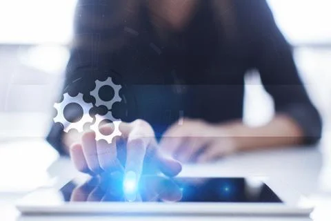 Gears icon on virtual screen with empty space for text. Automation, Business Foto stock