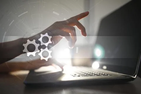 Gears icon on virtual screen with empty space for text. Automation, Business Foto stock