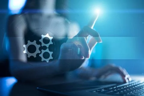 Gears icon on virtual screen with empty space for text. Automation, Business Foto stock