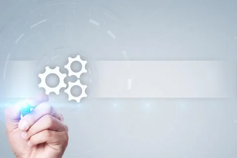 Gears icon on virtual screen with empty space for text. Automation, Business Foto stock