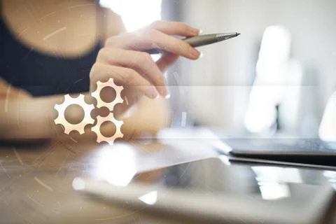 Gears icon on virtual screen with empty space for text. Automation, Business Fotos de archivo