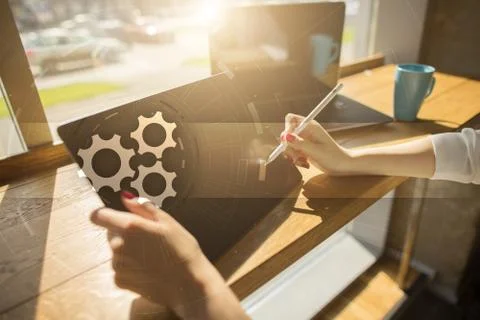 Gears icon on virtual screen with empty space for text. Automation, Business Fotos de archivo