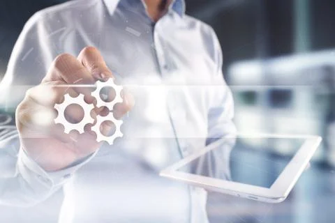 Gears icon on virtual screen with empty space for text. Automation, Business Foto stock