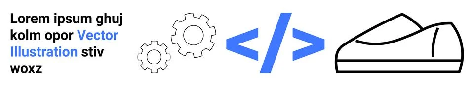 Gears indicating mechanism, code tag suggesting programming, and shoe outline Stock Illustration