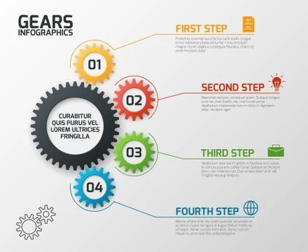 Gears infographics. Cogs gearing process planning, timeline and engineering Stock Illustration