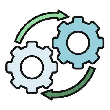 Gears interacting with circular arrows representing process flow Stock Illustration
