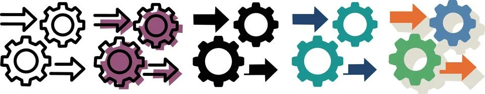 Gears interaction with arrows icon set collection Stock Illustration