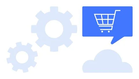 Gears interconnecting behind a shopping cart within a speech bubble above a c Ilustração Stock