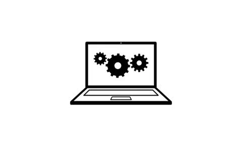 Gears on laptop screen flat icon on white background Stock Illustration