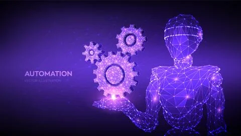 Gears. Mechanical technology machine engineering symbol in hand. Abstract 3d  Stock Illustration