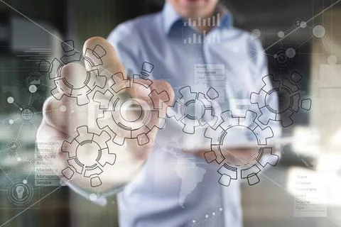 Gears, mechanism design on virtual screen. CAD systems. Business, industrial and Stock Photos
