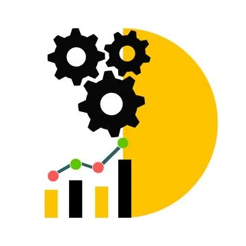 Gears meshing with a bar graph and a line graph on a white background. Conc.. Stock Photos