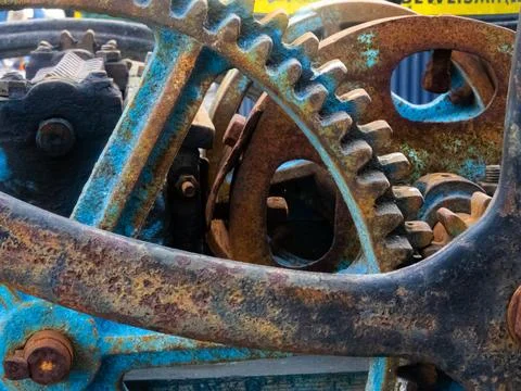 Gears of old machine, Rust Blue color. Stock Photos