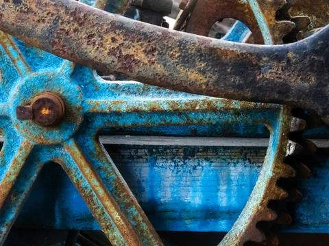 Gears of old machine, Rust Blue color. Stock Photos
