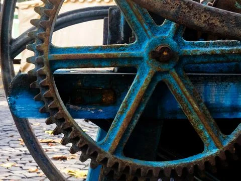 Gears of old machine, Rust Blue color. Stock Photos
