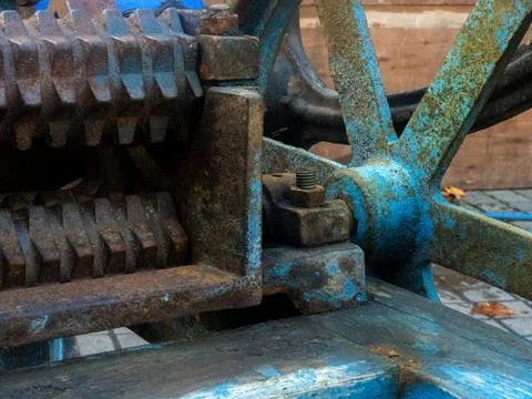 Gears of old machine, Rust Blue color. Stock Photos