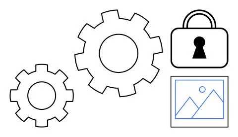 Gears, Padlock, and Image Icon Representing Security and System Configuration Stock Illustration