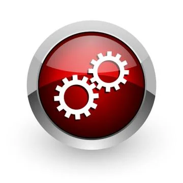 Gears red circle web glossy icon. Stock-Illustration