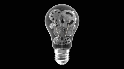 Gears rotate inside bulb. Creativ idea mechanism. 3d render animation. Stock Footage 177385015