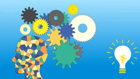 Gears rotate inside the human brain and an idea, animation, cartoon Stock Footage 72818615
