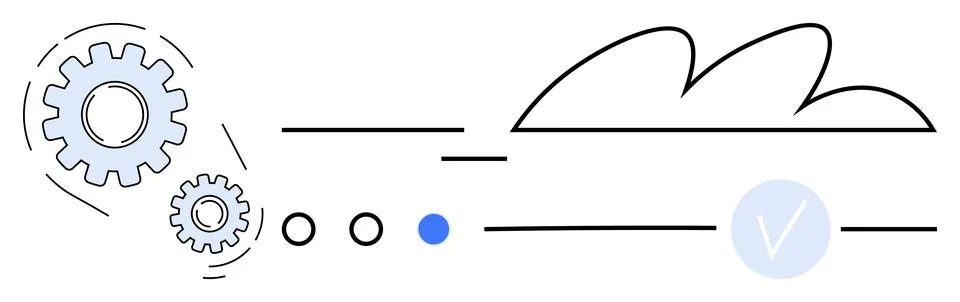 Gears rotating, progress dots, cloud shape, checkmark indicating completion.  Illustrazione stock