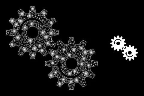 Gears Rotation Icon - Wire Frame Mesh with Glare Spots Stock-Illustration