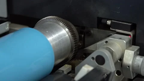Gears of the shaft of the printing machine enter and exit the engagement Stock Footage 222119596