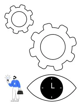 Gears signify collaboration, an eye clock represents time and focus, and a bu Stock Illustration