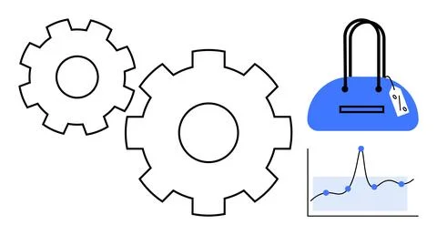 Gears symbolize process efficiency while a blue handbag and data chart indica Stock Illustration