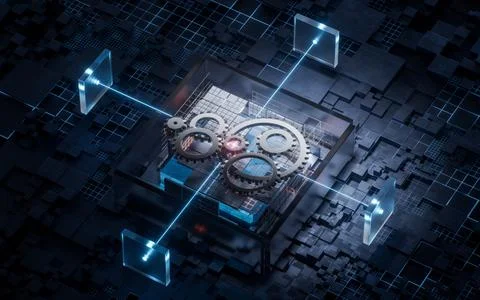 Gears with technological circuit background, 3d rendering. Stock Illustration