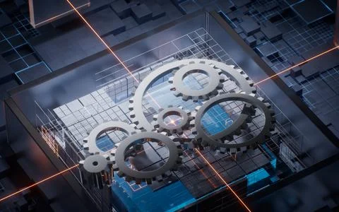 Gears with technological circuit background, 3d rendering. Stock Illustration