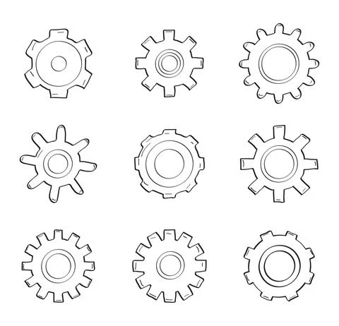 Gears vector set in hand drawn style. Goal, Planning, idea concept doodle ill Stock-Illustration
