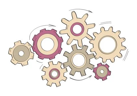 Gears vector set in hand drawn style. Goal, Planning, idea concept doodle ill Stock Illustration