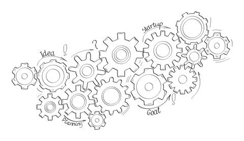 Gears vector set in hand drawn style. Goal, Planning, idea concept doodle ill Stock Illustration