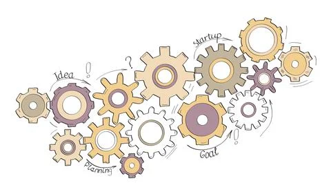 Gears vector set in hand drawn style. Goal, Planning, idea concept doodle ill Stock Illustration