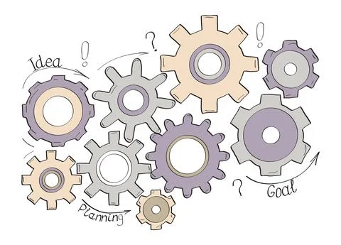 Gears vector set in hand drawn style. Goal, Planning, idea concept doodle ill Stock-Illustration