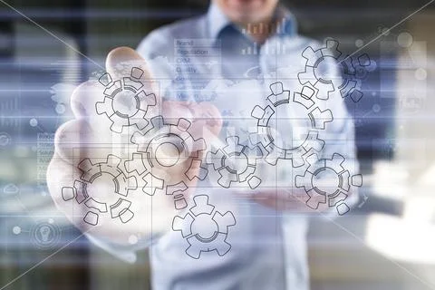 Gears wheels mechanism Design drawing. Industrial and manufacturing, business Stock Photos