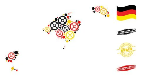 Gearwheel Composition Balearic Islands Map in German Flag Colors and Grunge Stock Illustration