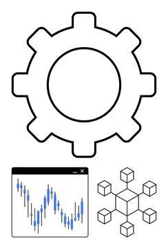 Gearwheel, fluctuating line graph in window, and 3D connected cubes reflectin Illustrazione stock