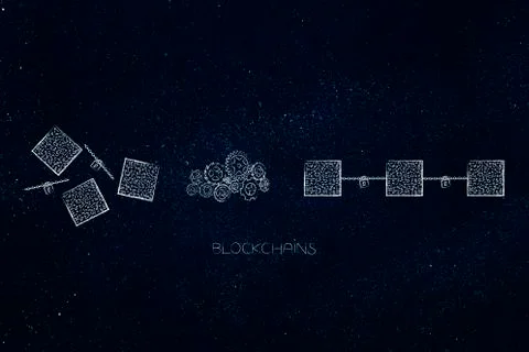 Gearwheel mechanism processing elements into completed blockchain Stock Illustration
