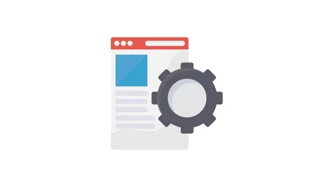 A gearwheel next to a computer screen displaying a code symbol. Stock Footage 335357348
