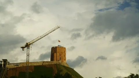 Gedimina's tower gets covered by cloud shade, Vilnius, Lithuania, Time Lapse, 4k Stock Footage 92540302