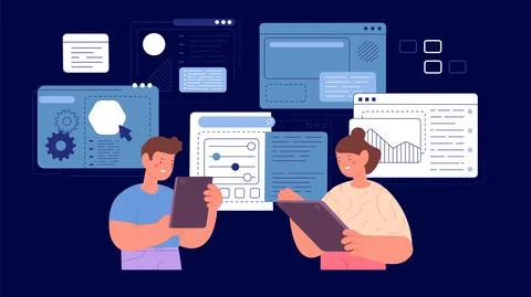 Geek children with tablets. Kids programming, modern boy and girl coding. Web or Stock Illustration