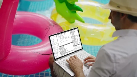 Geek Coder Programmer Working At Pool Stock Footage 221261144